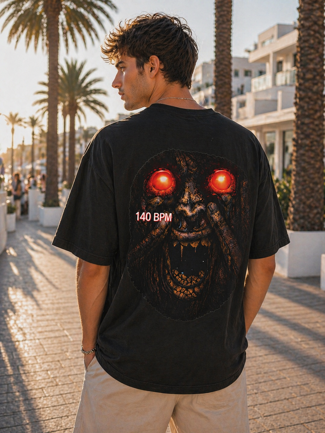 Horror Graphic Tee – Red-Eyed Demon Face with “140 BPM” Back Print