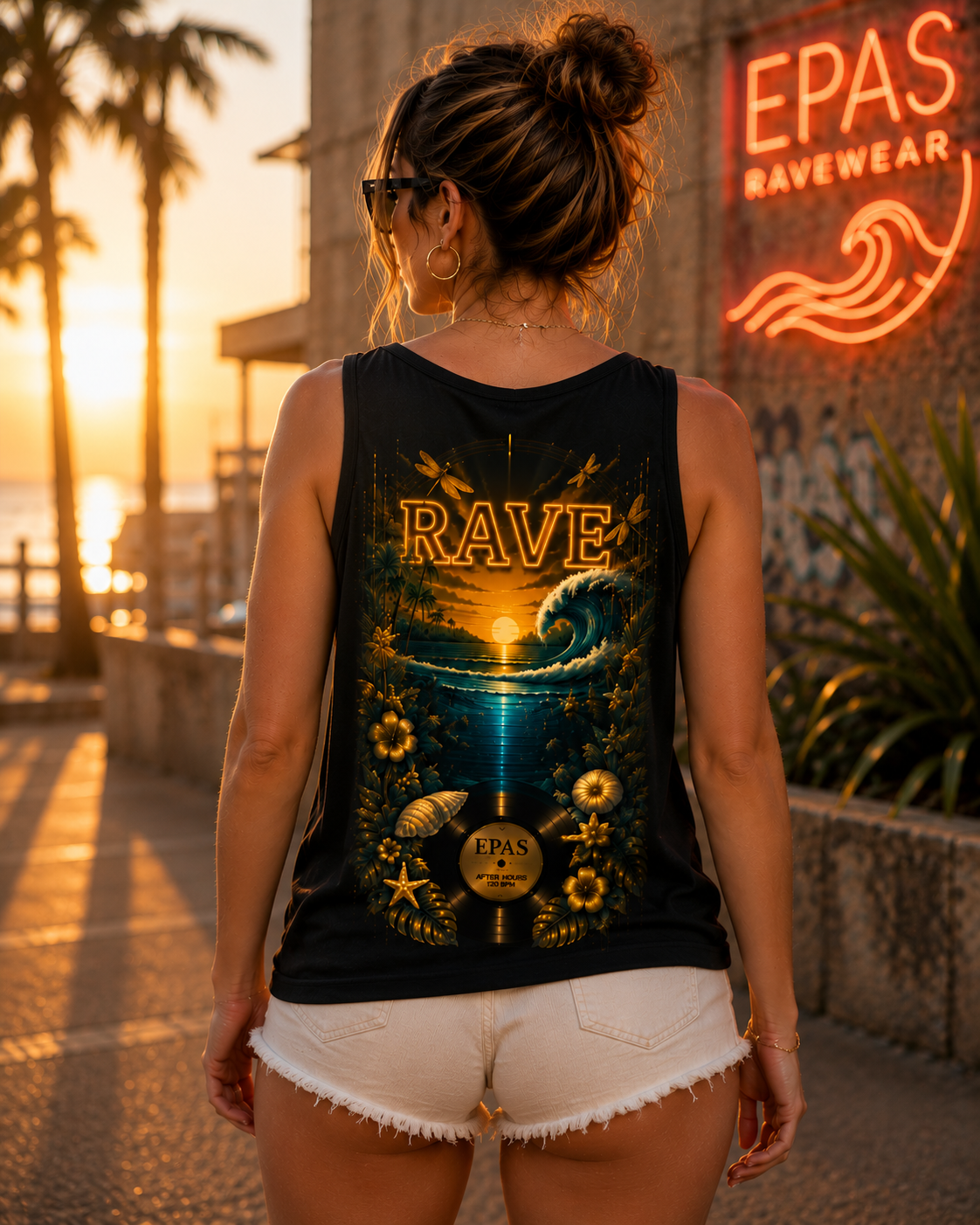 Sunset Vinyl Tank Top — Tropical Record Beach Graphic