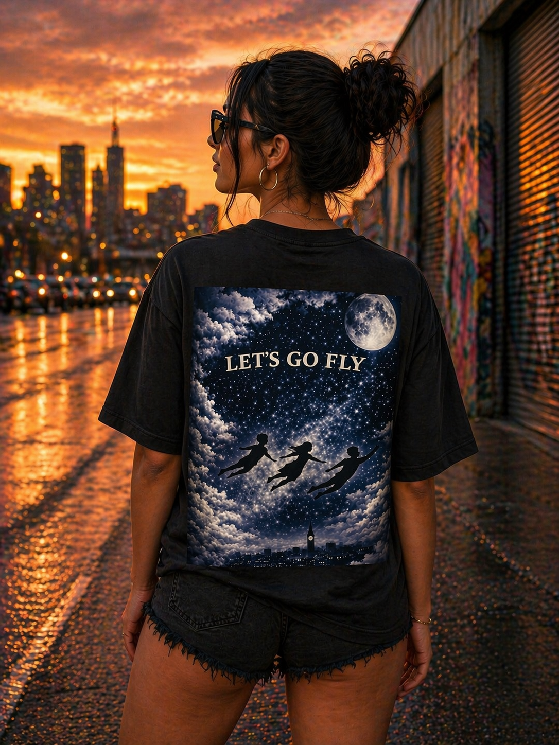 Let's Go Fly Oversized Tee — Night Sky Flying Silhouette Graphic Shirt
