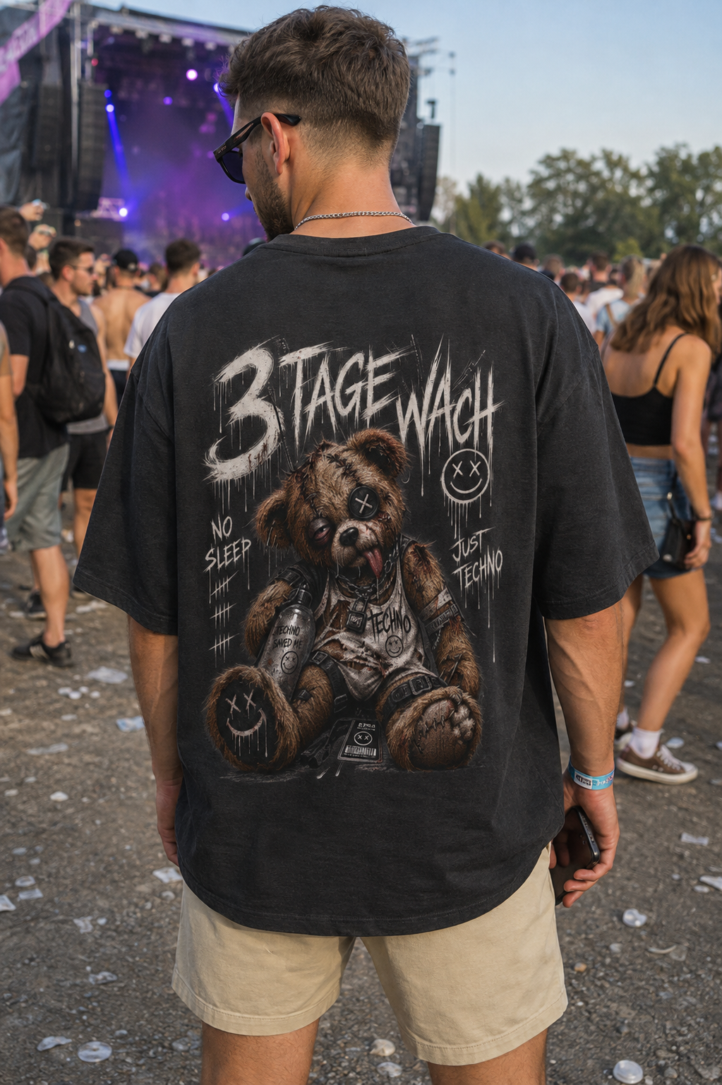 Oversized Tee — Distressed Punk Teddy "3 Stage Wall" Graphic