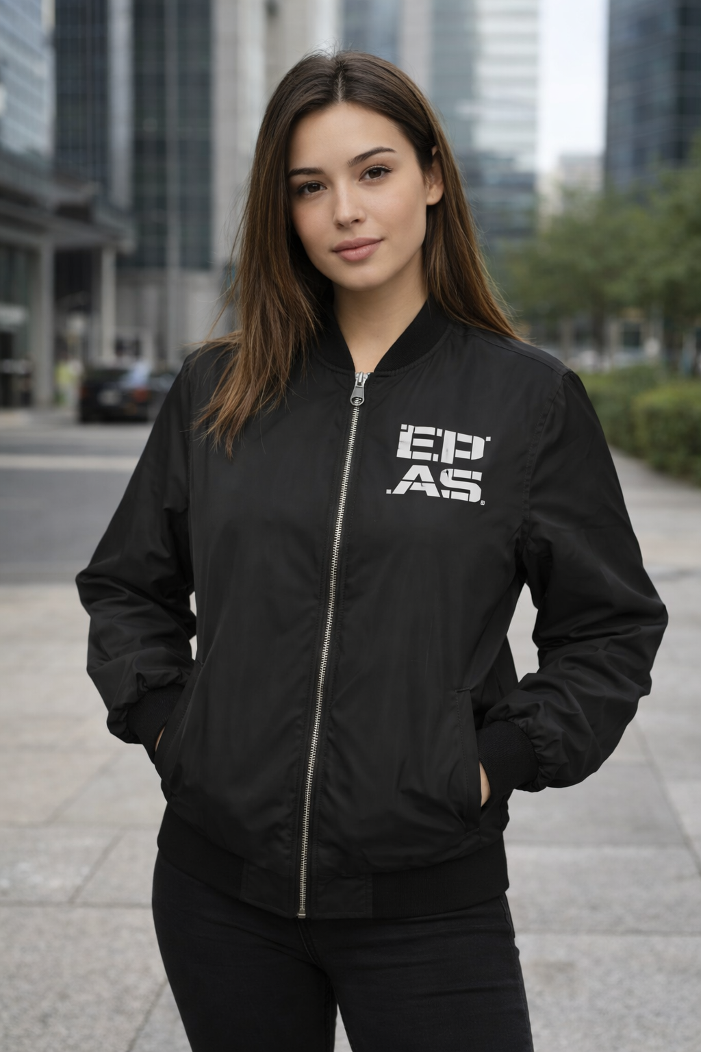 Bear Echo Bomber Jacket — Graphic Men’s Black Bomber with 'EPAS' Chest Logo