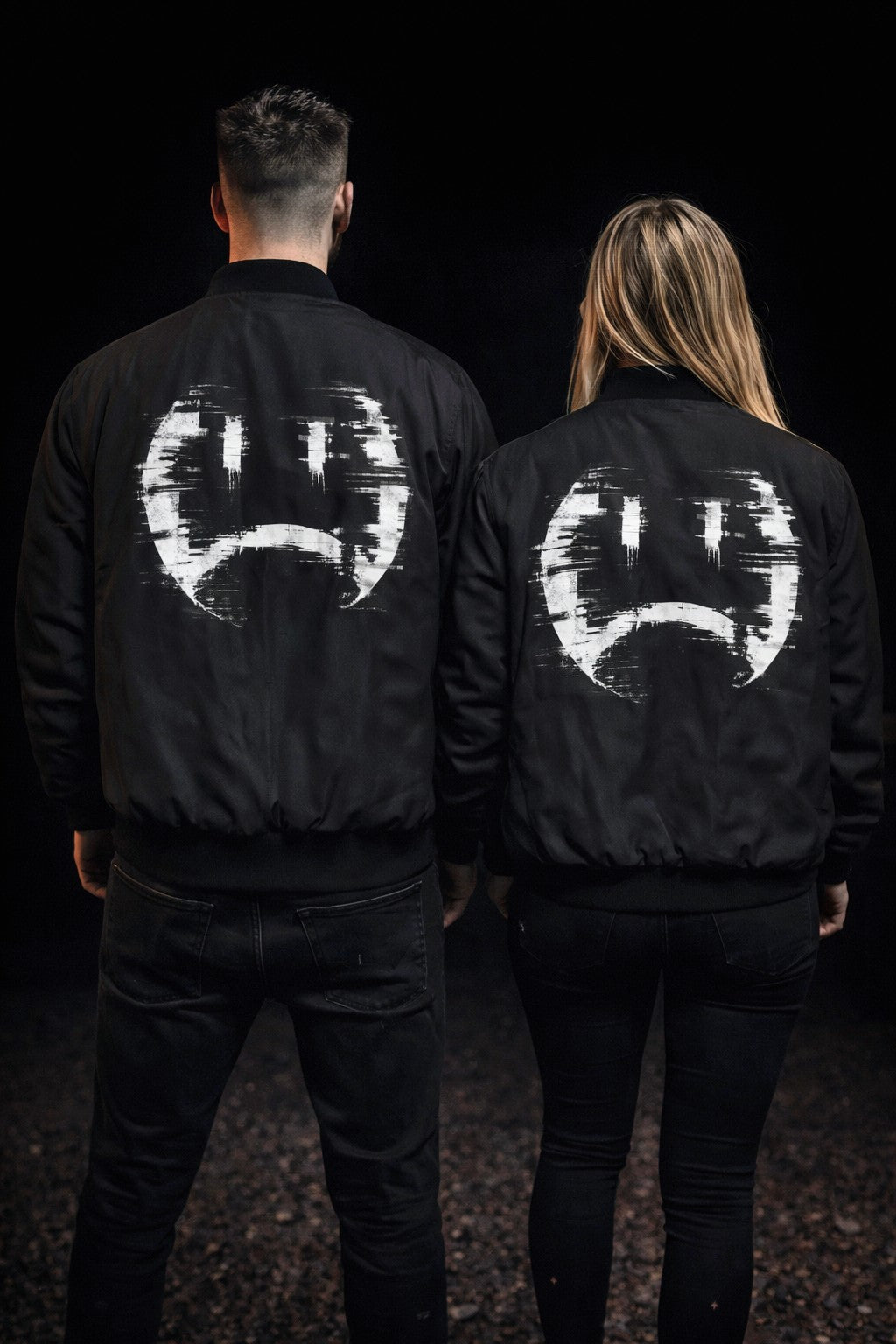 Bomber Jacket — Distressed Glitch Sad Face Graphic