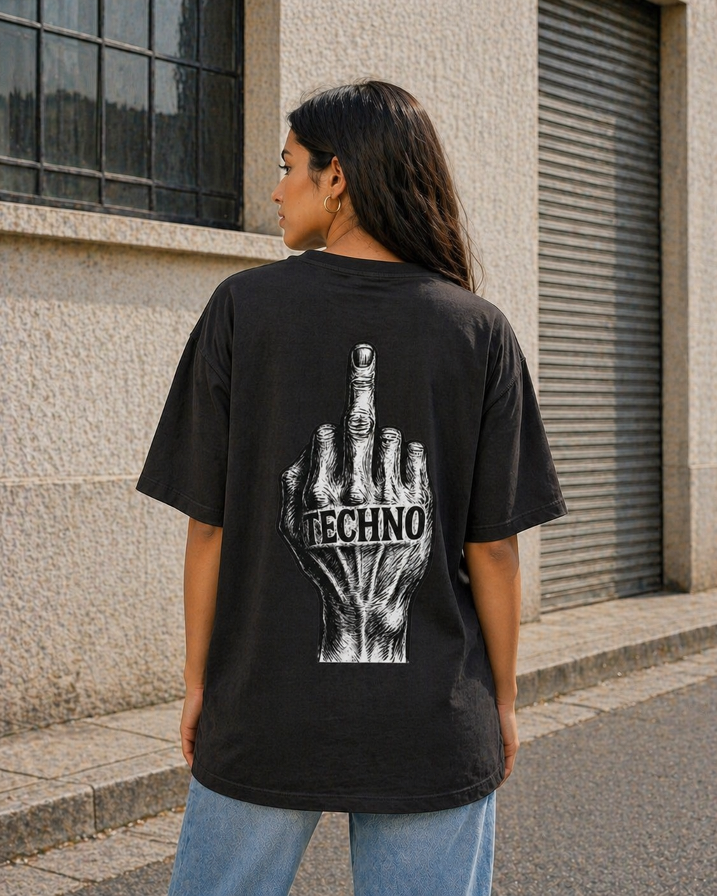 Techno Middle Finger Tee — EPAS Graphic Oversized T-Shirt