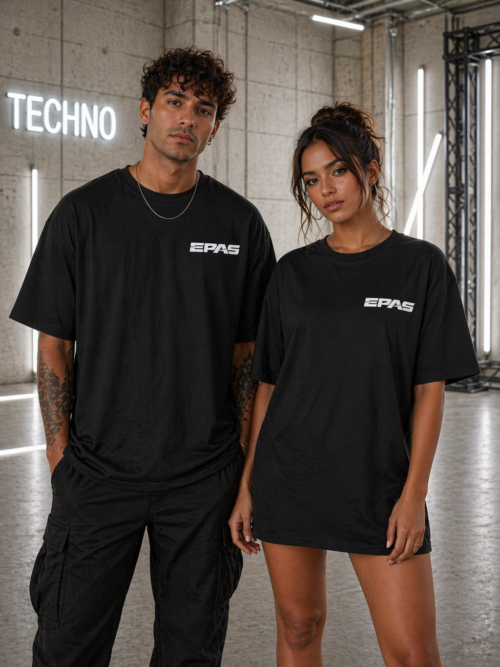 Oversized Tee — Distressed 'Techno' Stacked Graphic