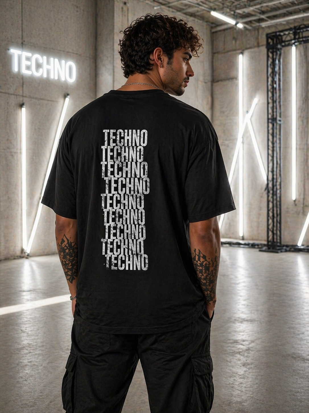 Oversized Tee — Distressed 'Techno' Stacked Graphic