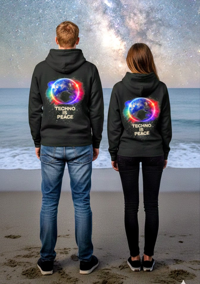 Techno Is Peace Hoodie — Rainbow Earth Electronic Music Pullover