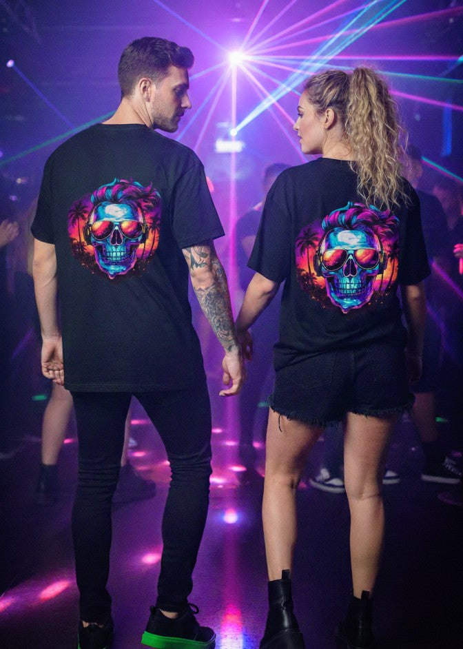 Neon Skull Beach Tee – Retro Sunset Skull Graphic T-Shirt