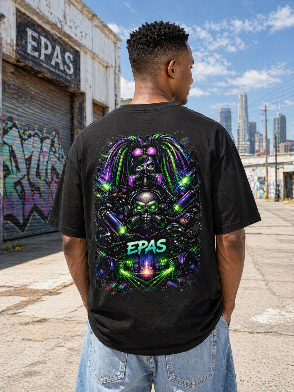 Oversized Tee — Neon Cyber Skull Graphic “EPAS” Streetwear