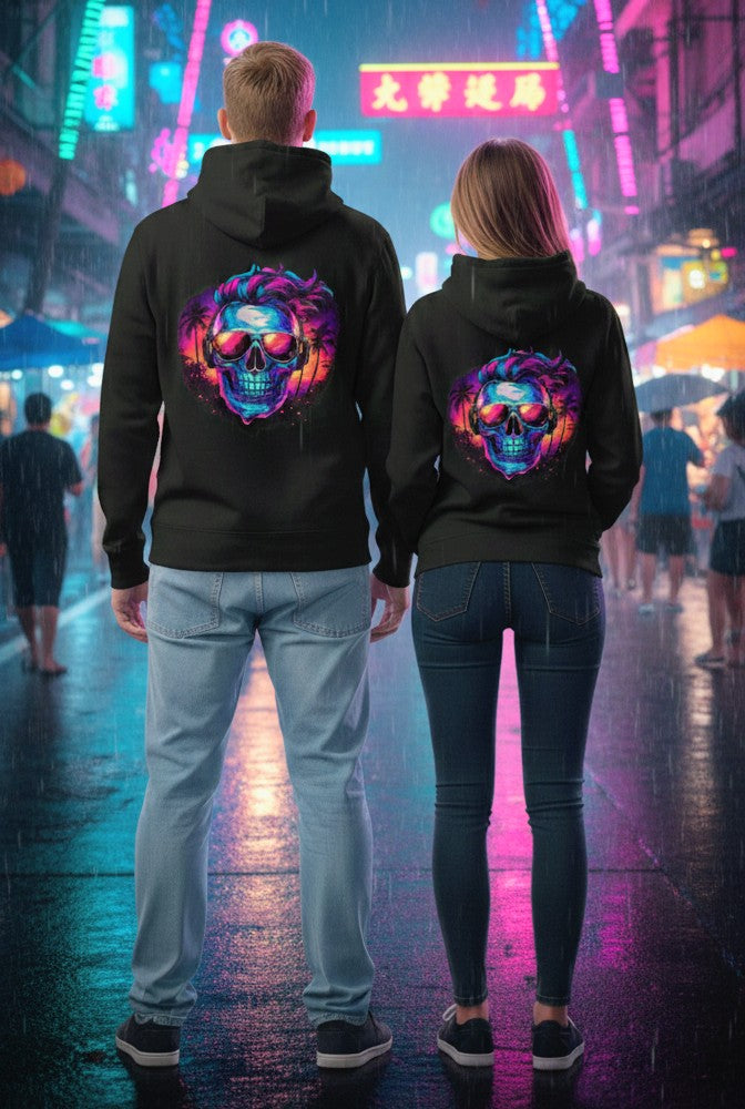 Skull Sunset Hoodie — Retro Neon Beach Skull Graphic Pullover