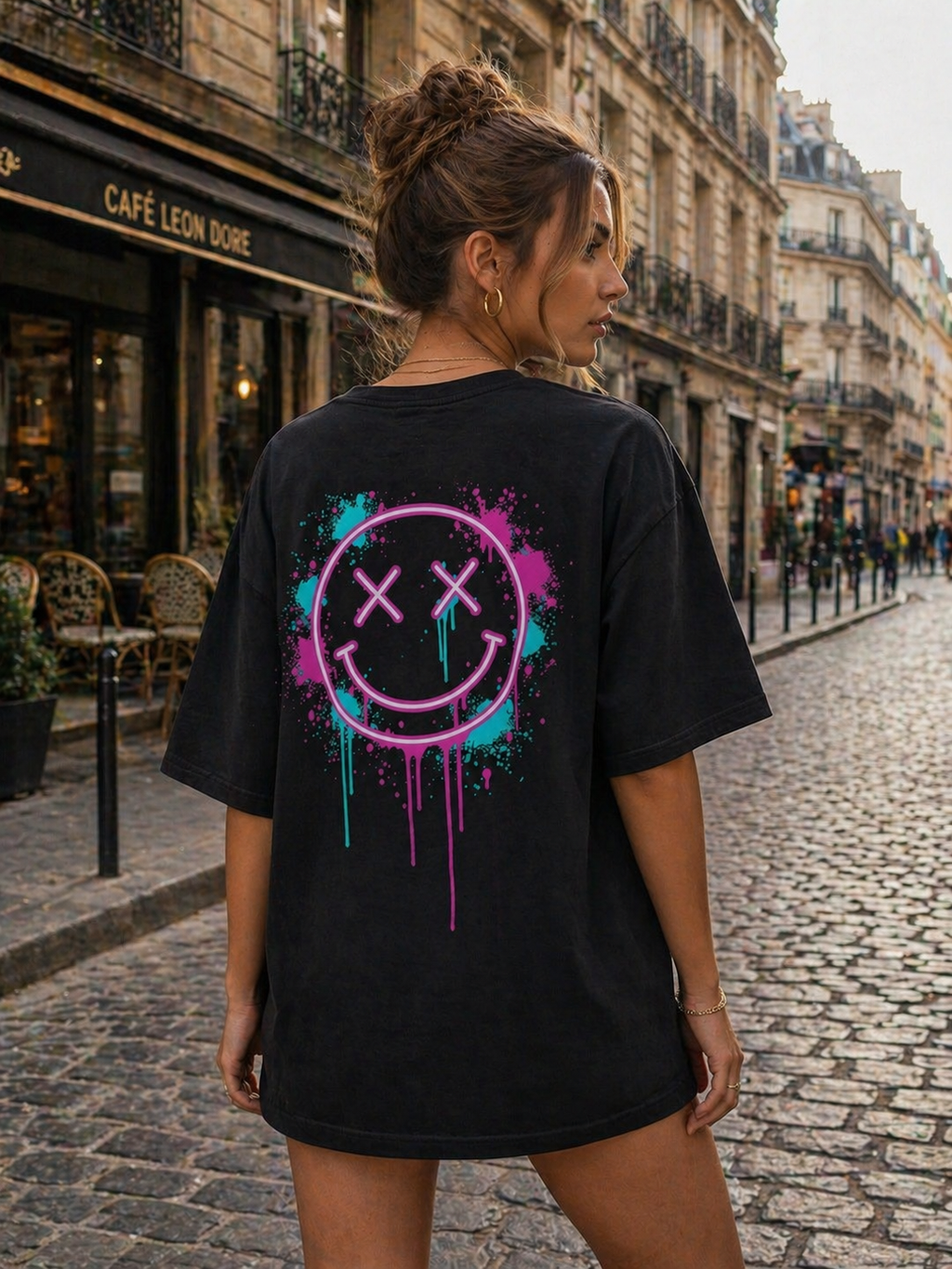 Oversized Tee — Neon Drip Smiley Graphic Tee