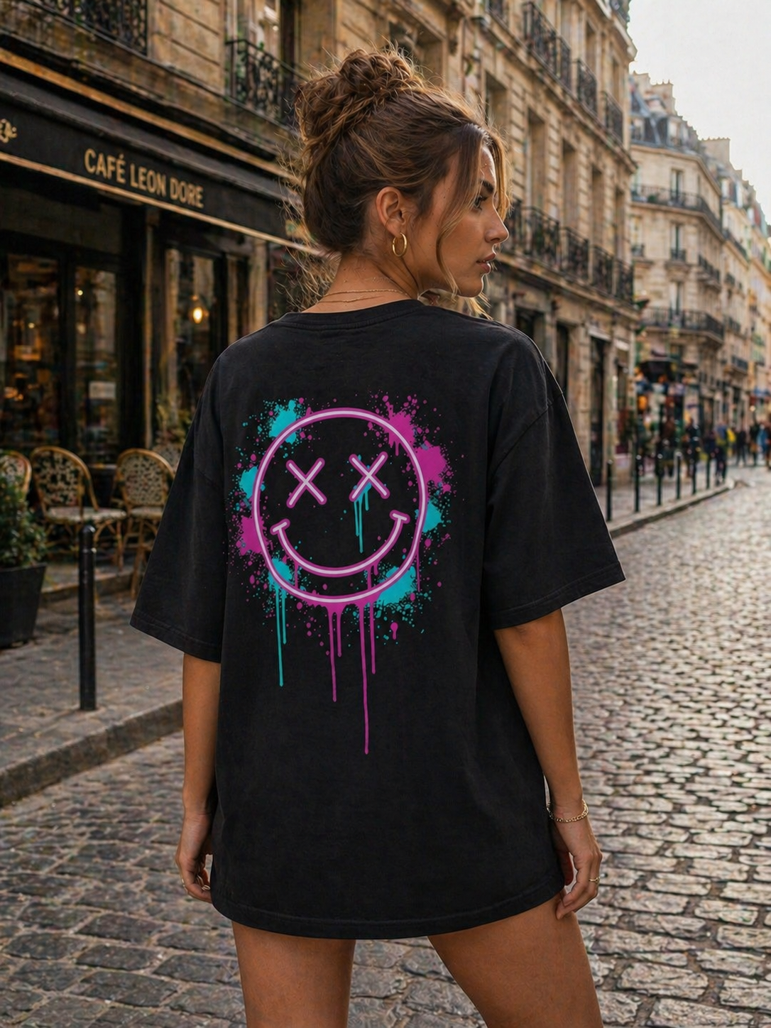Oversized Tee — Neon Drip Smiley Graphic Tee