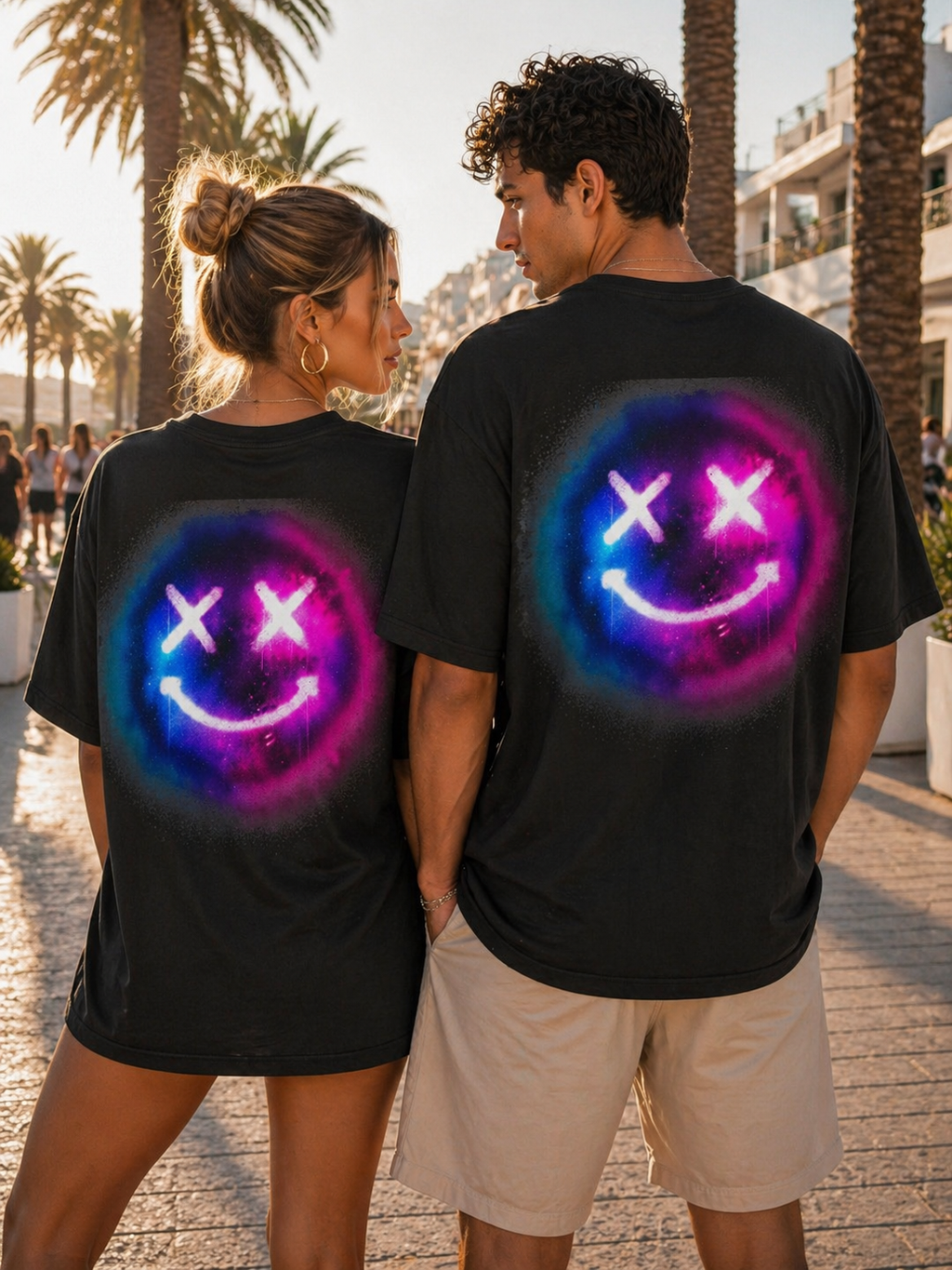 Oversize Tee — Neon Smiley Face Galaxy Graphic