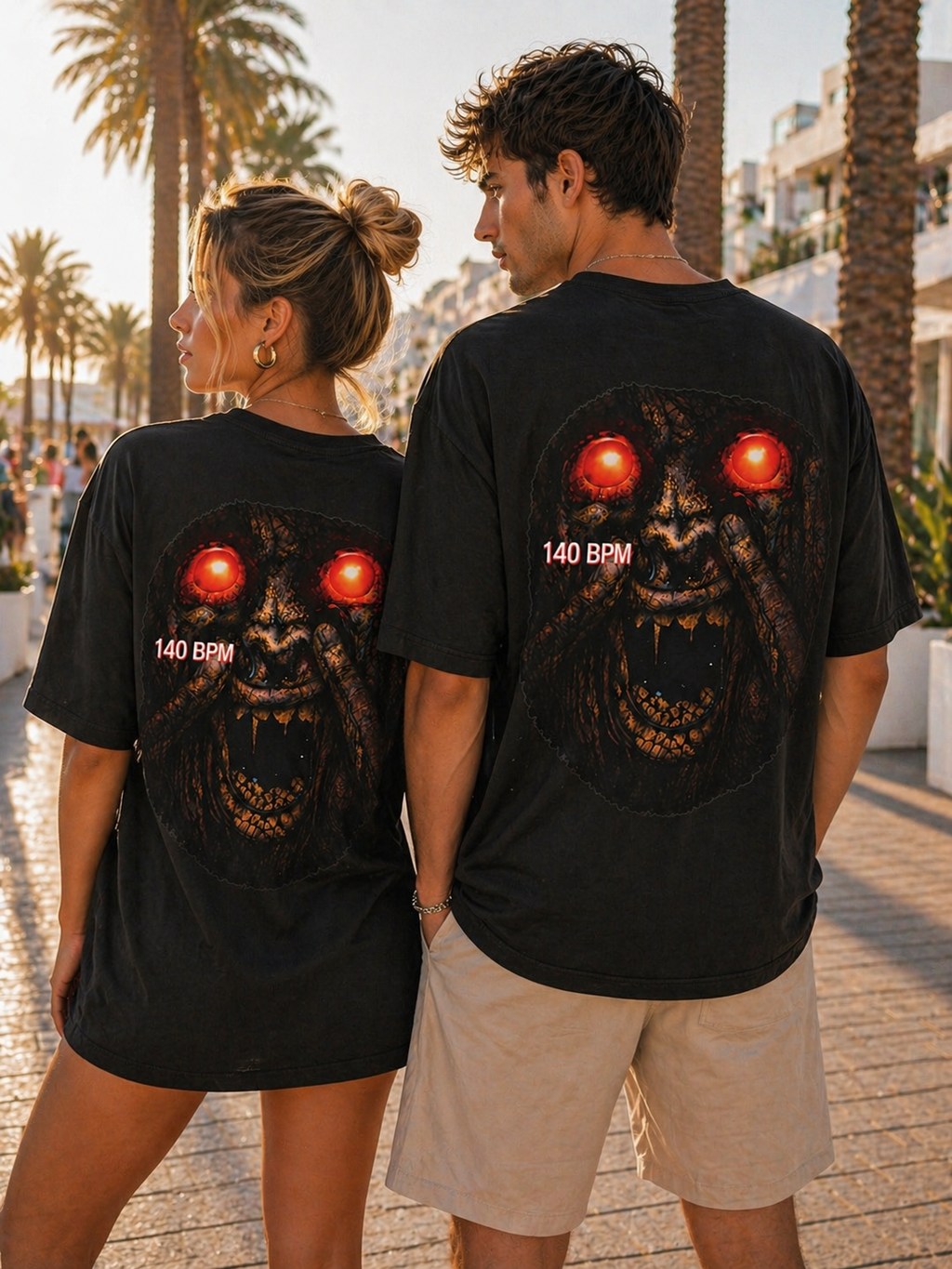 Horror Graphic Tee – Red-Eyed Demon Face with “140 BPM” Back Print