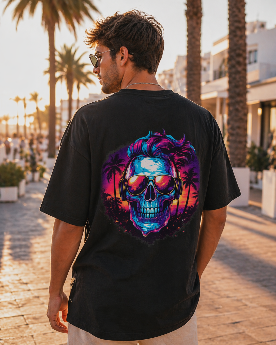Neon Skull Beach Tee – Retro Sunset Skull Graphic T-Shirt