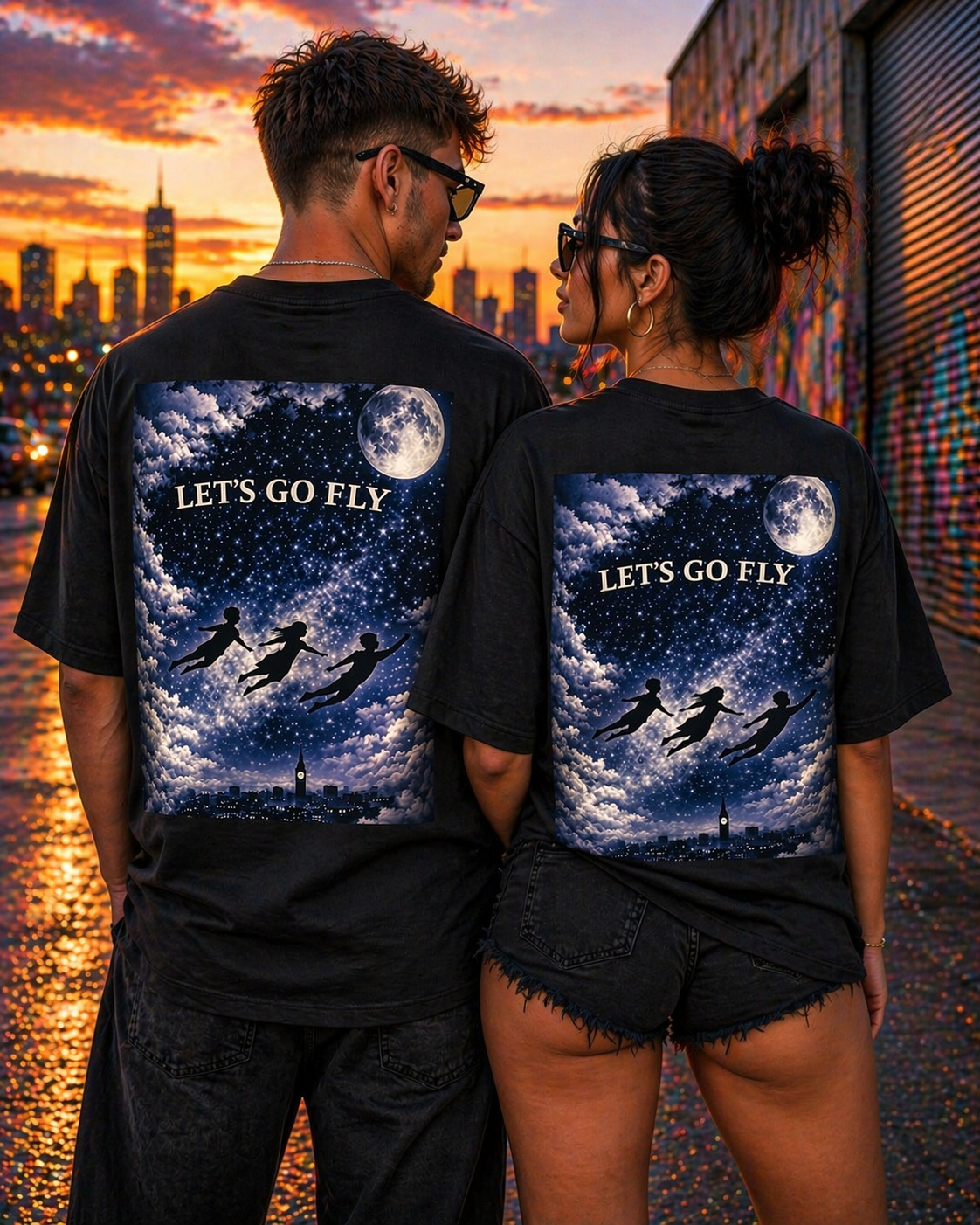 Let's Go Fly Oversized Tee — Night Sky Flying Silhouette Graphic Shirt
