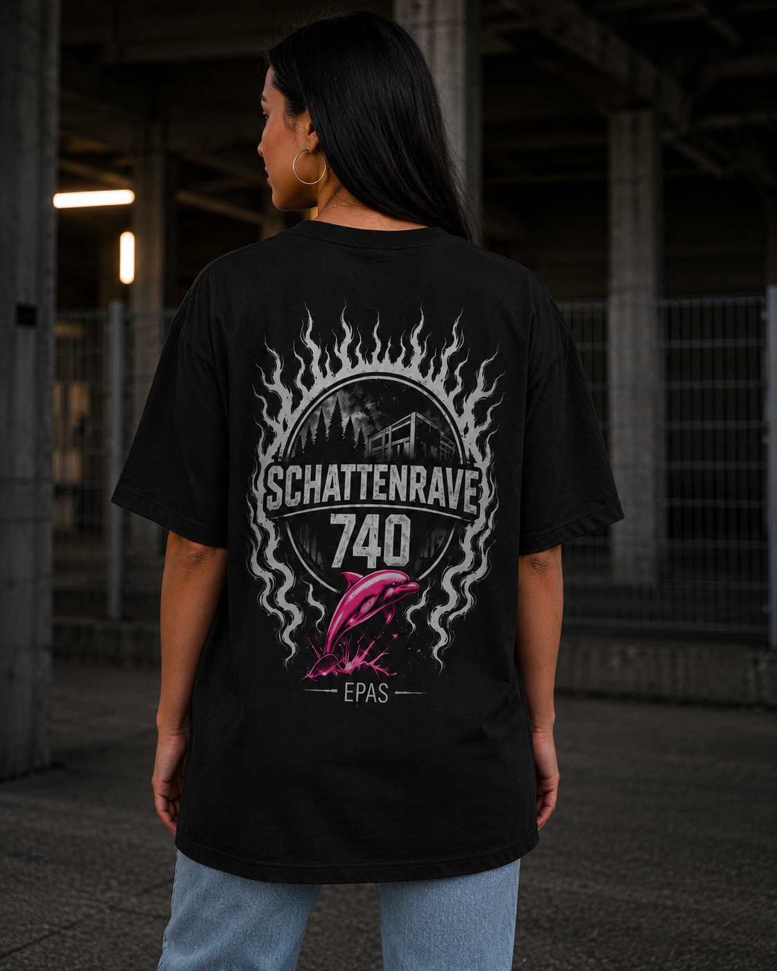 Schattenrave 740 Graphic Tee — Retro Dolphin Surfback Oversized T-Shirt