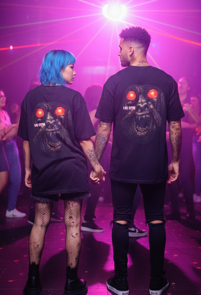 Horror Graphic Tee – Red-Eyed Demon Face with “140 BPM” Back Print