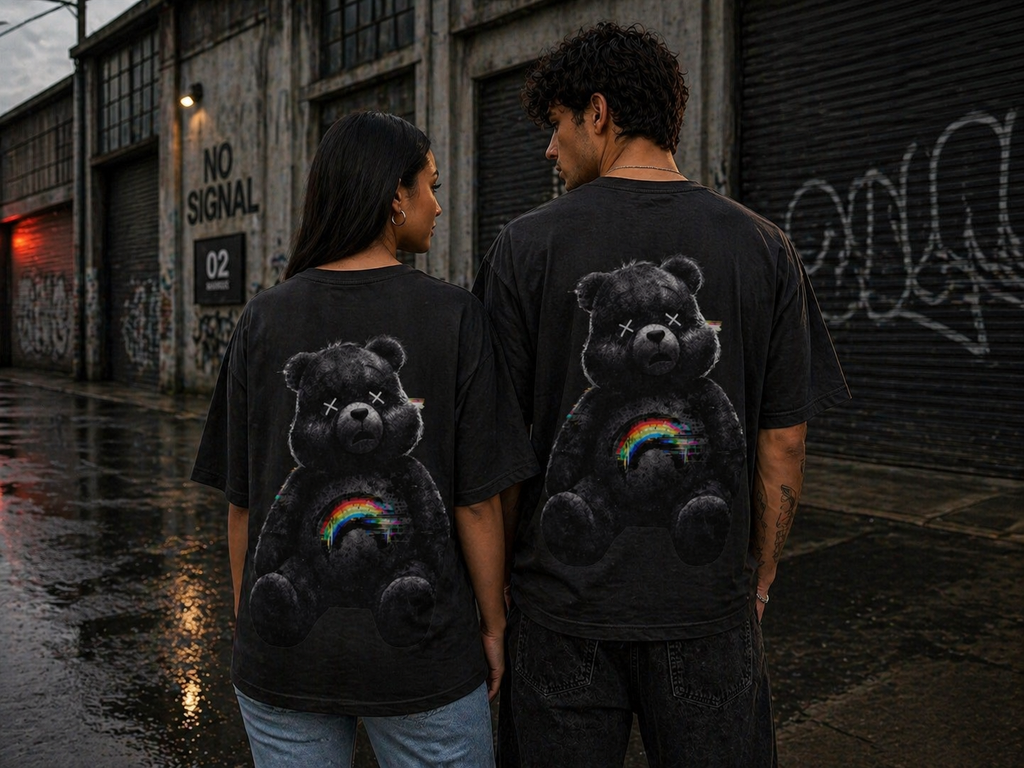 Oversized Tee — Dark Grunge Teddy Bear with Rainbow Chest
