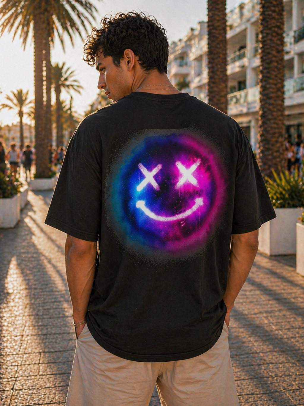Oversize Tee — Neon Smiley Face Galaxy Graphic