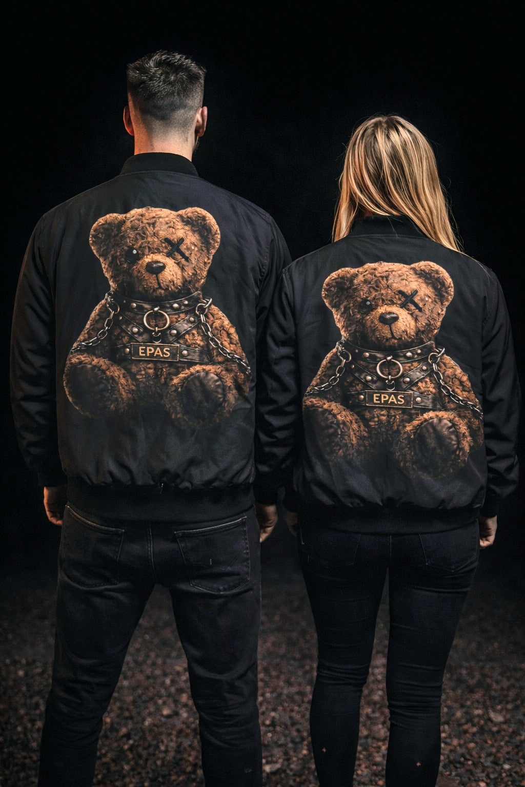 Teddy Bear Bomber Jacket - Leather Harness Graphic Men's Bomber