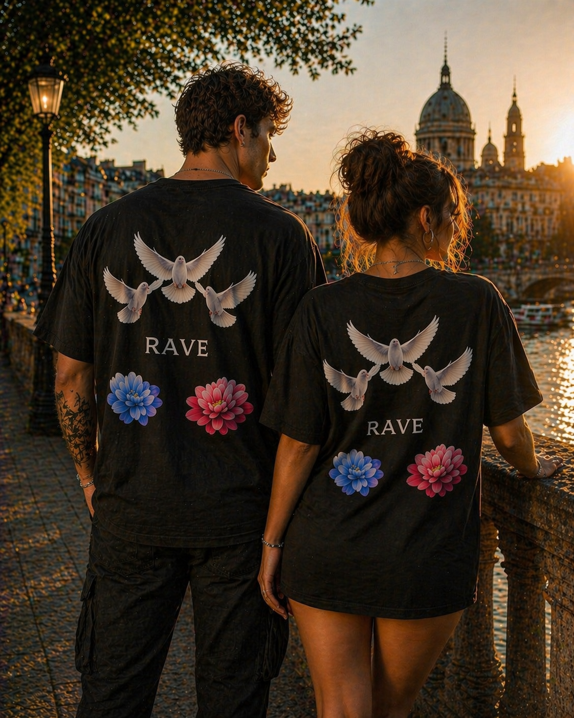 Oversized Tee — Doves & Dual Flowers 'RAVE' Graphic