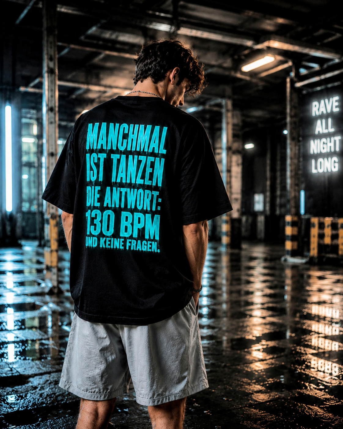 T-Shirt — 'EPAS' Neon Script & German Text Back: "Manchmal ist Tanzen die Antwort: 130 BPM"