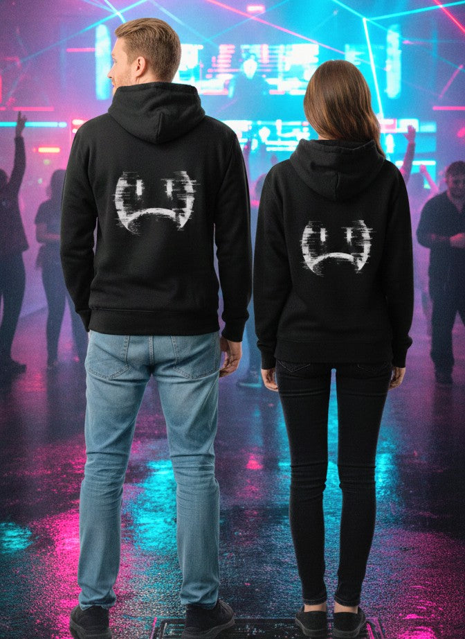 Glitch Sad Face Hoodie – Distressed Noir Graphic Pullover