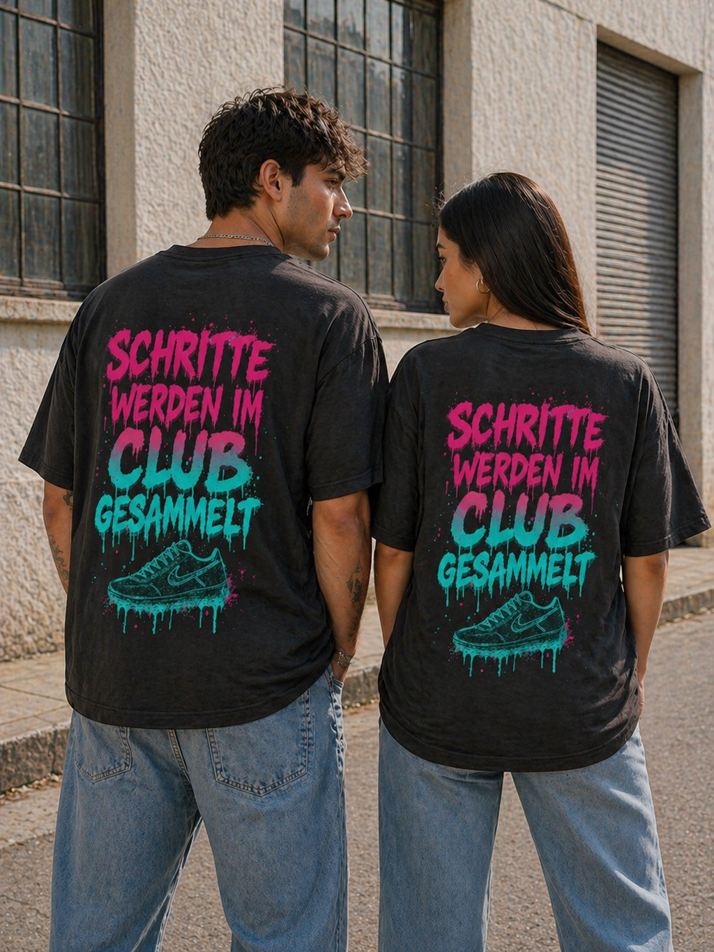 Oversize Tee — "Schritte Werden Im Club Gesammelt" Neon Sneaker Graphic