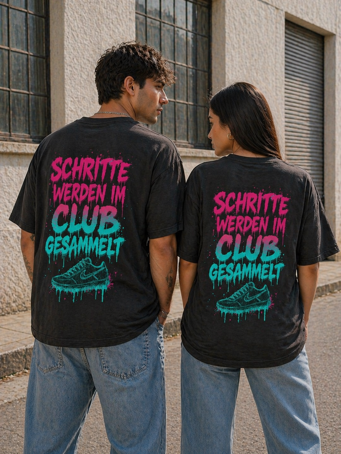 Oversize Tee — "Schritte Werden Im Club Gesammelt" Neon Sneaker Graphic