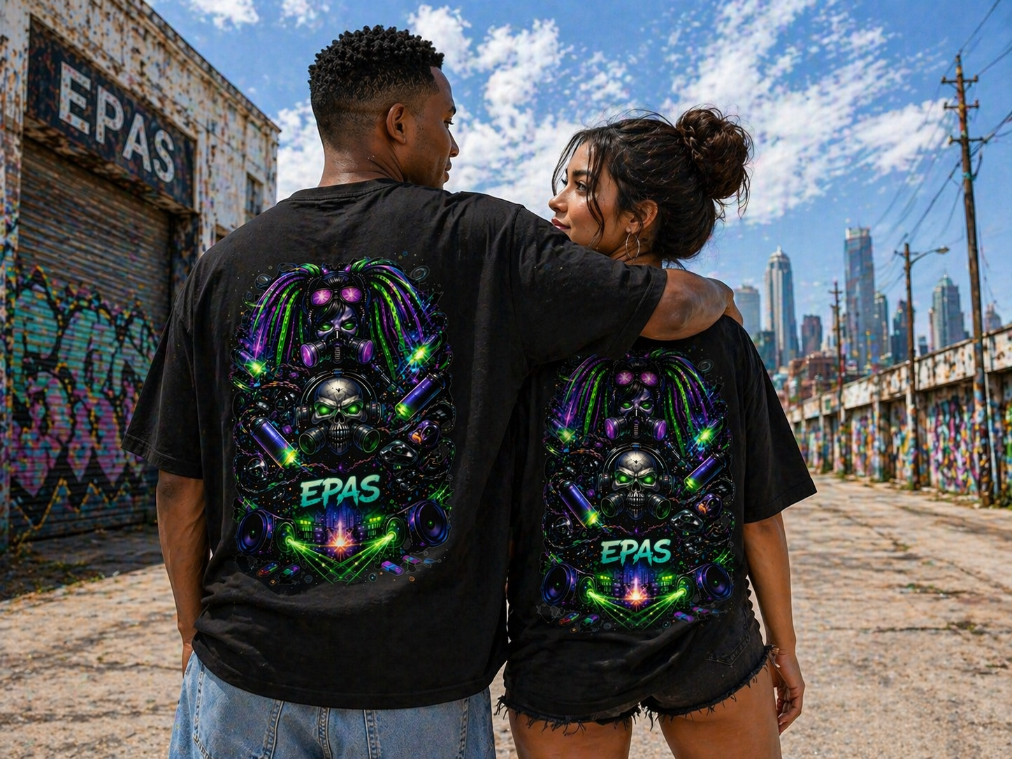 Oversized Tee — Neon Cyber Skull Graphic “EPAS” Streetwear