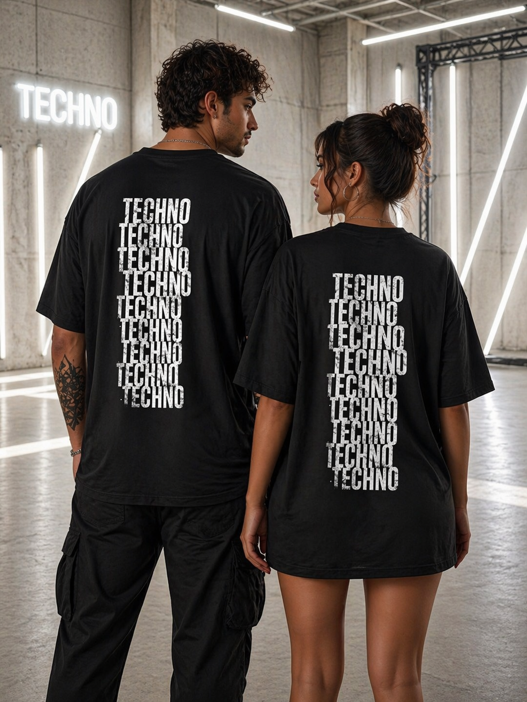 Oversized Tee — Distressed 'Techno' Stacked Graphic