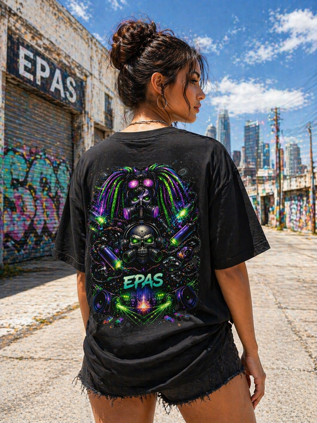 Oversized Tee — Neon Cyber Skull Graphic “EPAS” Streetwear