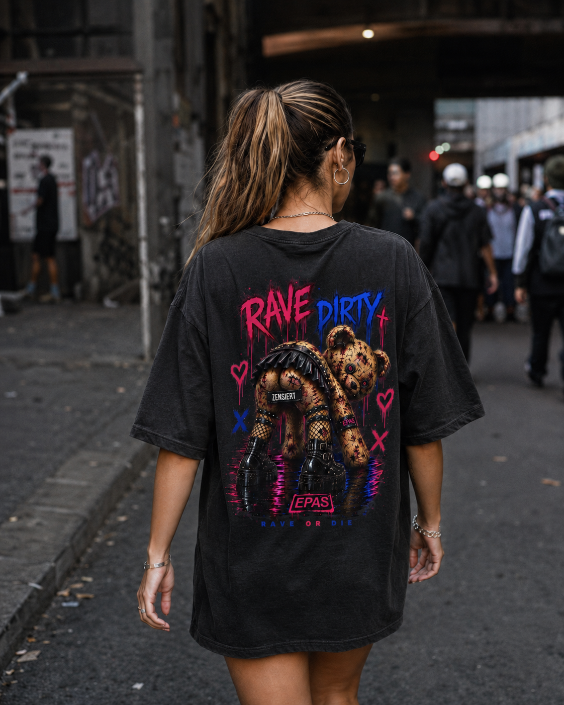 Rave Dirty Oversized Tee — Neon Teddy Graphic Festival T-Shirt