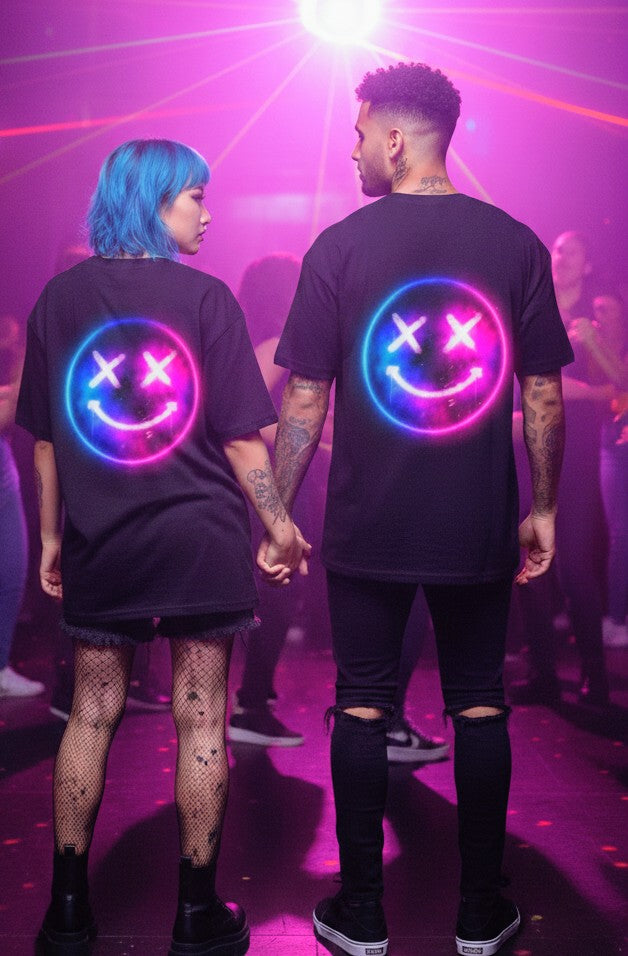 Oversize Tee — Neon Smiley Face Galaxy Graphic